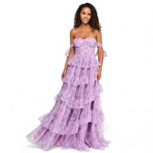 Lavender floral print Tiered Off-The-Shoulder Ball Gown prom formal Fairycore